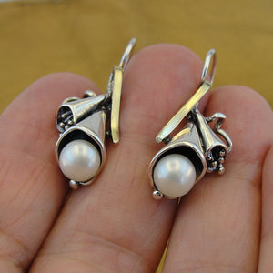 Hadar Designers 9k Yellow Gold 925 Silver Pearl Pendant Earrings Set Handmade (MS 1621)