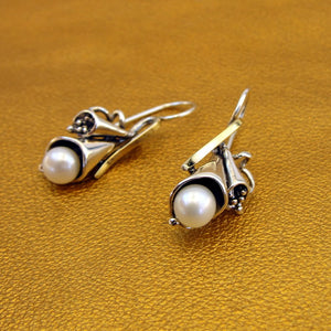 Hadar Designers 9k Yellow Gold 925 Silver White Pearl Earrings Handmade (MS)Y**