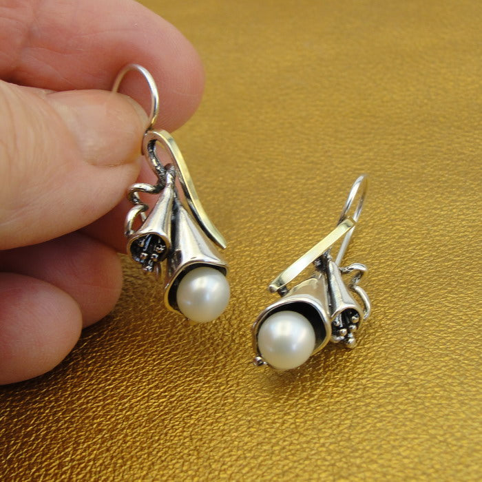 Hadar Designers 9k Yellow Gold 925 Silver White Pearl Earrings Handmade (MS)Y**