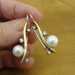 Hadar Designers Pearl Zircon Earrings Yellow Gold Sterling Silver (ms) SALE