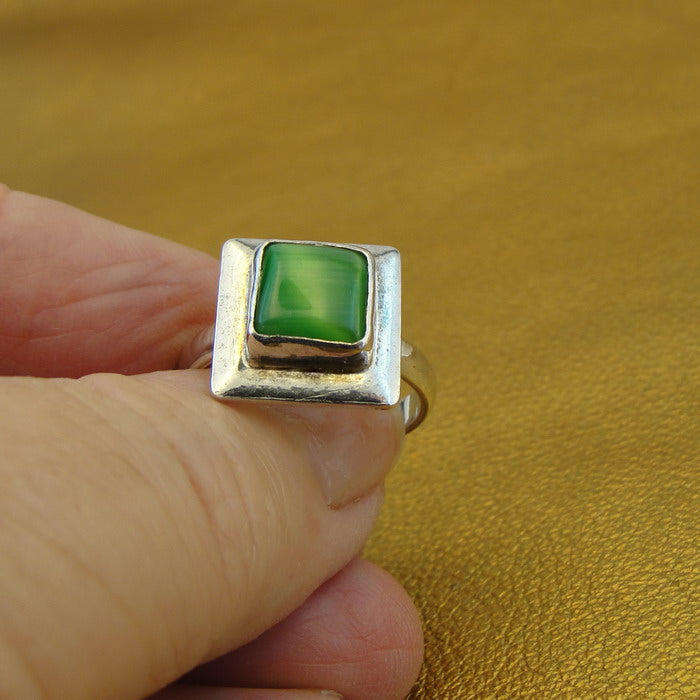 Hadar Designers Handmade Sterling Silver Green Cat's Eye Ring sz 6.5, 7 (H) SALE