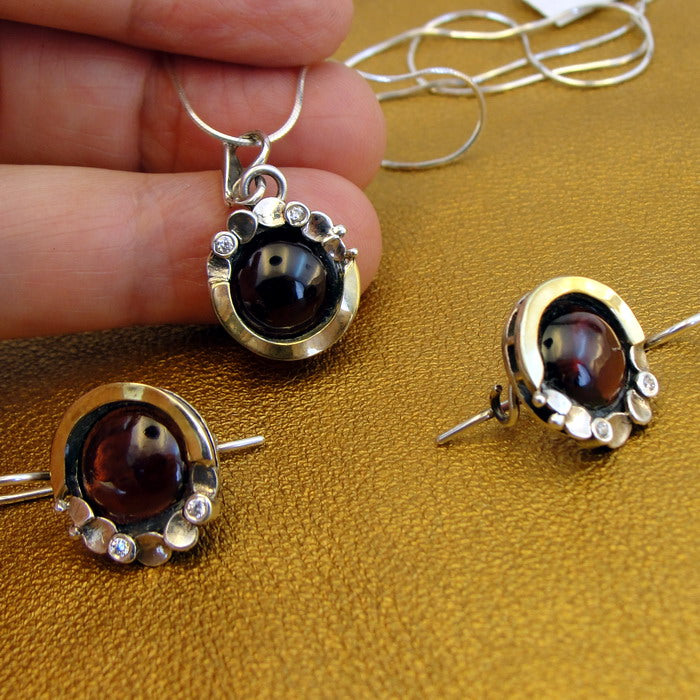 Garnet Earrings Pendant Set Yellow Gold 925 Silver Handmade Hadar Designers (MSy