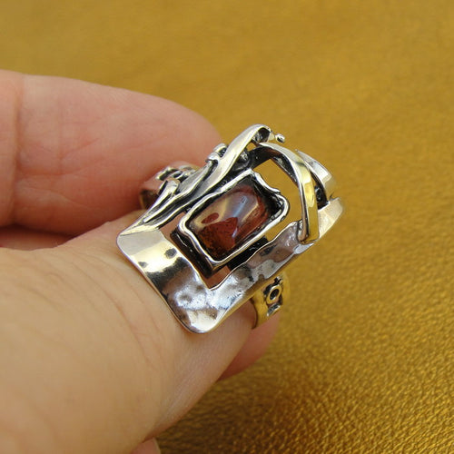 Sterling silver, Yellow Gold and  Red Garnet Ring (MS)
