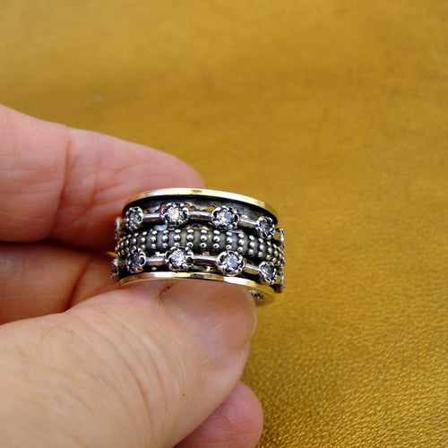 Hadar Designers Swivel 9k Yellow Gold 925 Silver Zircon Ring sz 6, 6.5 (SN)SALE