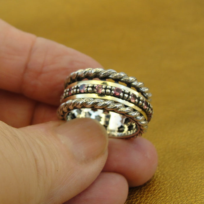 Hadar Designers Swivel 9k Yellow Gold 925 Silver Pink Zircon Ring 7,7.5 (SN)SALE