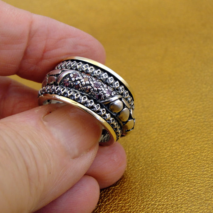 Hadar Designers Swivel 9k Yellow Gold 925 Silver Pink Zircon Ring 6.5,7 (SN)SALE