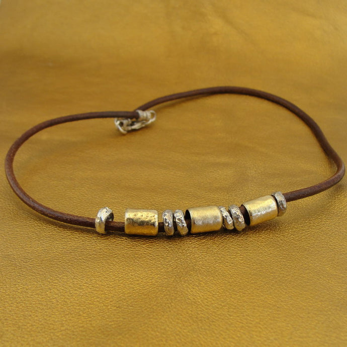 Hadar Designers Modern Art Leather 14k Gold Fil 925 Silver Necklace (I n349)SALE