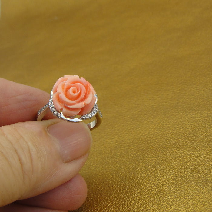 Hadar Designers Pink Coral Rose Sterling Silver Zircon Floral Ring size 6 ()LAST