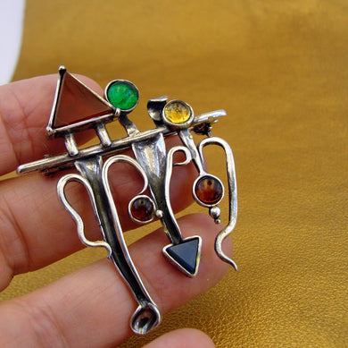 Hadar Designers Sterling Silver Gemstones Brooch Handmade Unique Artistic (H) y