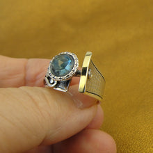 Load image into Gallery viewer, Hadar Designers Ring Blue Topaz 9k Yellow Gold 925 Silver 6,7,8,9 Handmade (ms)