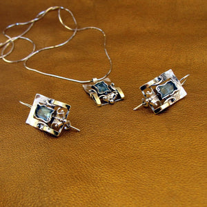 Hadar Designers Blue topaz Earrings Pendant Set Handmade 9k Gold 925 Silver (MS