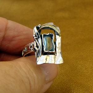 Hadar Designers Blue topaz cz Ring sz,7,7.5,8,9 Handmade 9k Gold 925 Silver (MS)