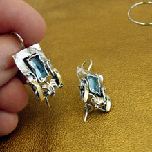 Load image into Gallery viewer, Hadar Designers Blue topaz cz Earring Handmade 9k Yellow Gold Sterling Silver(MS
