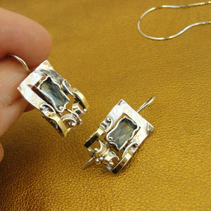 Hadar Designers Blue topaz Earrings Pendant Set Handmade 9k Gold 925 Silver (MS