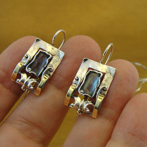 Hadar Designers Blue topaz cz Earring Handmade 9k Yellow Gold Sterling Silver(MS