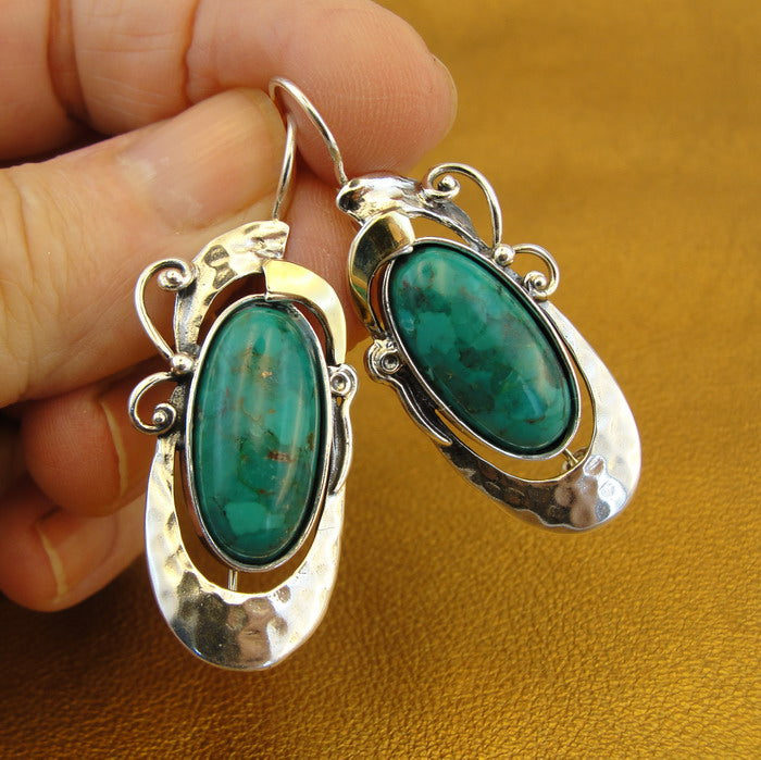 Hadar Designers 9k Yellow Gold Sterling Silver Turquoise Earrings Handmade (MS 325)