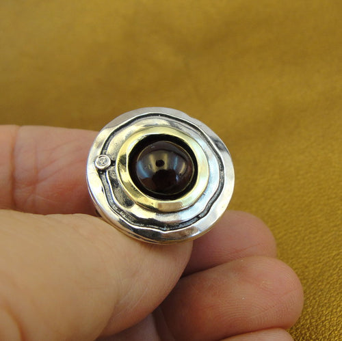 Hadar Designers Garnet Ring Handmade 9k Yellow Gold 925 Silver 6,7,8,9,10 (MS)