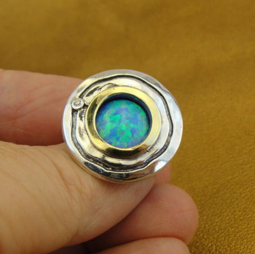 Hadar Designers Opal Ring Handmade 9k Yellow Gold 925 Silver 6,7,8,9,10 (MS)
