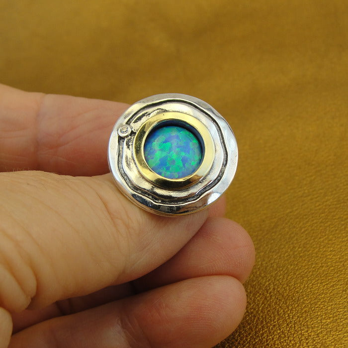 Hadar Designers Opal Ring Handmade 9k Yellow Gold 925 Silver 6,7,8