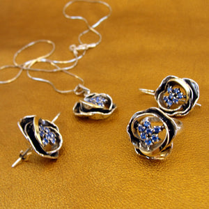 Hadar Designers 9k Yellow Gold Blue cz 925 Silver Set (Earrings,Pendat,Ring) (MS