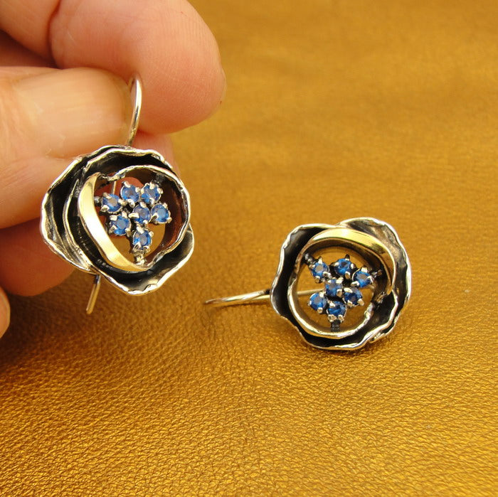 Hadar Designers 9k Yellow Gold Blue cz Earrings Sterling Silver Handmade (MS)