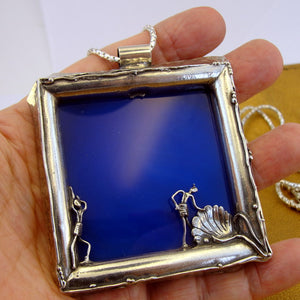 Hadar Designers Blue Agate ART Pendant Handmade Large 925 Sterling Silver (H) y