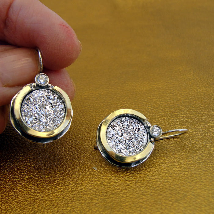 Hadar Designers 9k Yellow Gold 925 Silver Druzy Zircon Earrings Handmade (ms)