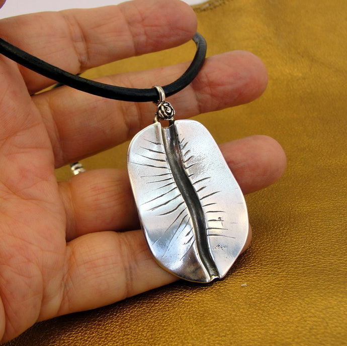 Leaf Pendant 925 Sterling Silver Black Leather Art  Handmade Hadar Designers (H)y