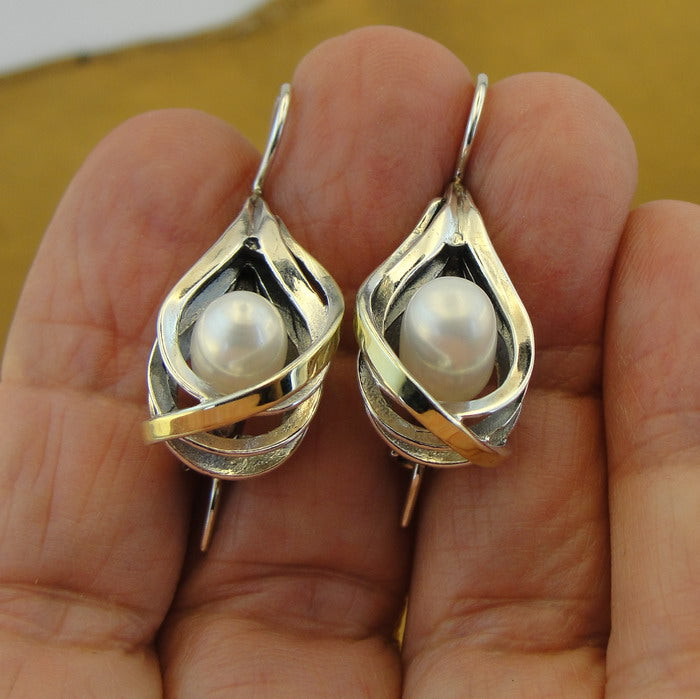 Hadar Designers 9k Yellow Gold Sterling Silver White Pearl Earrings (ms 1129)