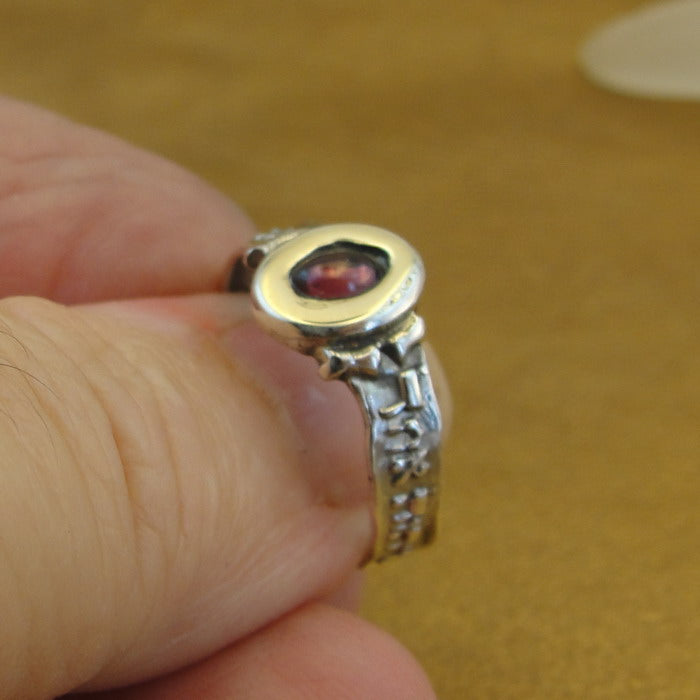 Hadar Designers Garnet Ring 7, 7.5 Shema Israel 9k yellow Gold 925 Silver ()y