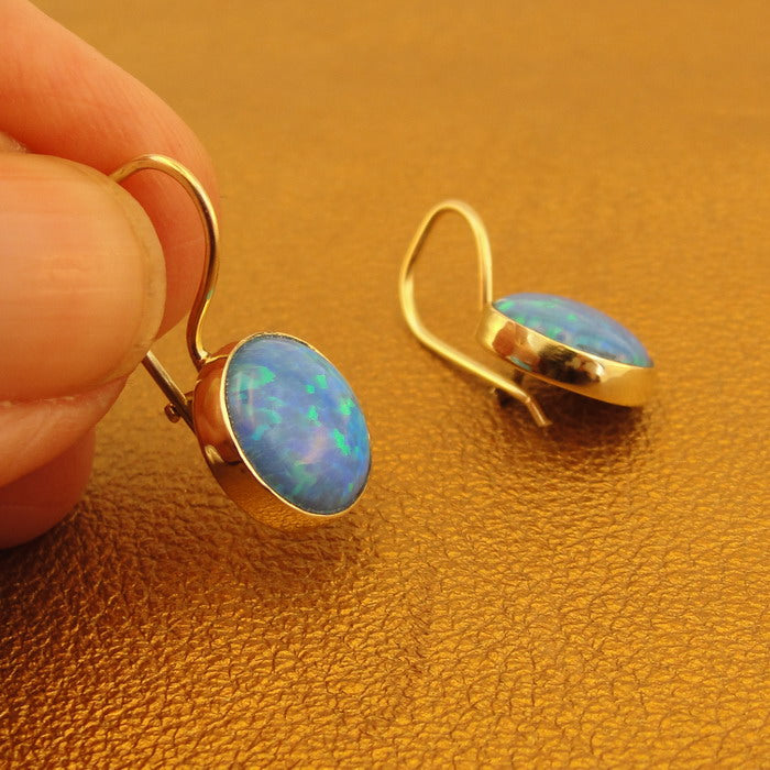 Hadar Designers Handmade Classy 9k/14k Gold 8mm Blue Opal Dangle Earrings (I e93