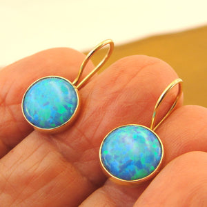 Hadar Designers Handmade Classy 9k/14k Gold 8mm Blue Opal Dangle Earrings (I e93