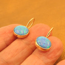 Load image into Gallery viewer, Hadar Designers Handmade Classy 9k/14k Gold 8mm Blue Opal Dangle Earrings (I e93