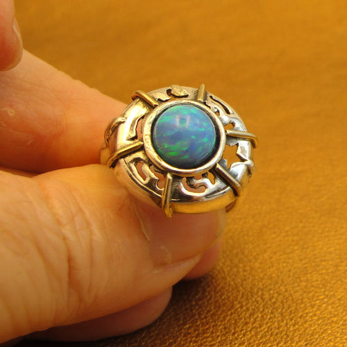 Hadar Designers Blue Opal Heart Ring 8,8.5 Handmade 9k Yellow Gold 925 Silver()Y