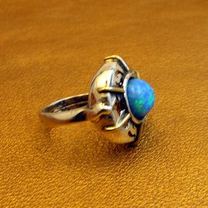 Hadar Designers Blue Opal Heart Ring 8,8.5 Handmade 9k Yellow Gold 925 Silver()Y