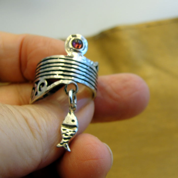 Hadar Designers Garnet Fish Ring 925 Sterling Silver 7, 7.5 Handmade (H) LAST