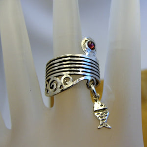 Hadar Designers Garnet Fish Ring 925 Sterling Silver 7, 7.5 Handmade (H) LAST