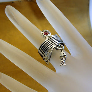 Hadar Designers Garnet Fish Ring 925 Sterling Silver 7, 7.5 Handmade (H) LAST