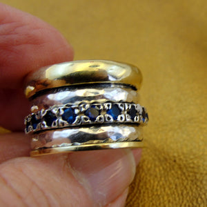 Hadar Designers Heavy Swivel Yellow Gold 925 Silver Sapphire Ring sz 6.5, 7(SN)y
