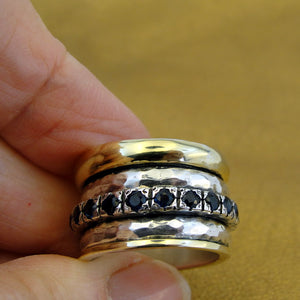 Hadar Designers Heavy Swivel Yellow Gold 925 Silver Sapphire Ring sz 6.5, 7(SN)y