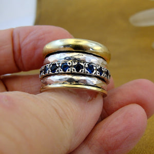 Hadar Designers Heavy Swivel Yellow Gold 925 Silver Sapphire CZ Ring 6.5, 7(SN)y