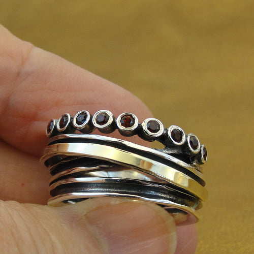 Red Garnet Zircon Ring 9k Yellow Gold 925 Silver Handmade Hadar Designers (Ms)Y