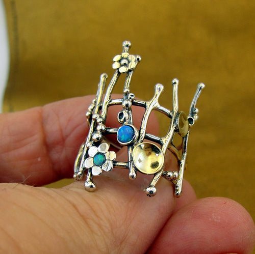 Hadar Designers 9k Yellow Gold 925 Silver Opal Ring, Handmade (ms)