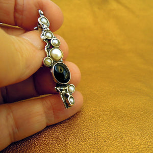 Hadar Designers 925 Sterling Silver Onyx Pearl Brooch Handmade Artistic (H) LAST