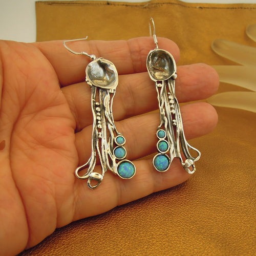 Hadar Designers blue opal earrings 925 sterling silver handmade drop dangle (h)y