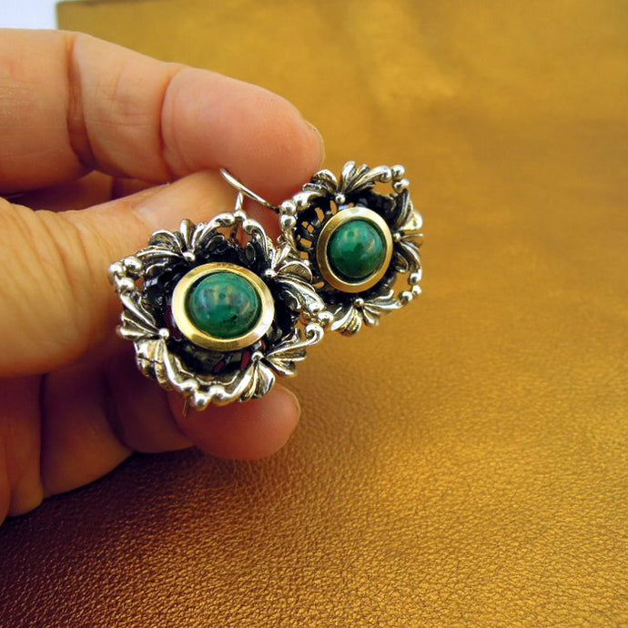 Hadar Designers Deco Handmade 9k Yellow Gold 925 Silver Turquoise Earrings ()
