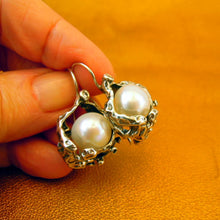 Load image into Gallery viewer, Hadar Designers Israel 925 Silver Pearl Earrings Handmade Sculptural Zircon (MS)