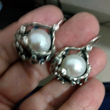 Load image into Gallery viewer, Hadar Designers Israel 925 Silver Pearl Earrings Handmade Sculptural Zircon (MS)