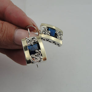 Blue Sapphire CZ Earrings 9k Yellow Gold 925 Silver Handmade Hadar Designers (S