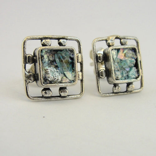 Stud Earrings Roman Glass Square Sterling Silver Handmade Hadar Designers (AS) y